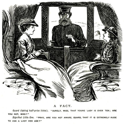 Guard asking whether a girl is young enough for a half price ticket