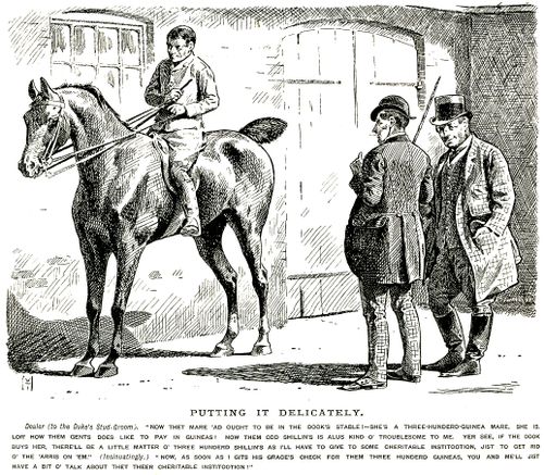 Dealer and groom discussing the sale of a horse
