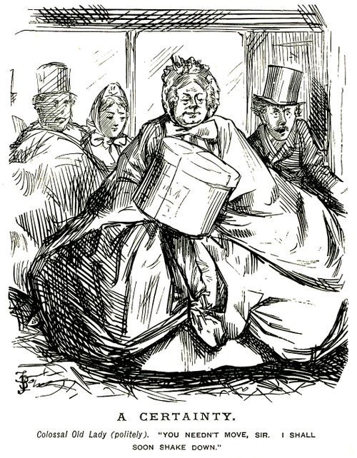 Huge lady lady sitting down on a crowded bus