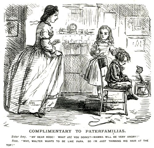 Child cutting her brother's hair