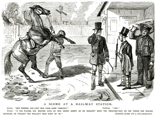 Man met with a horse instead of a carriage at the railway station