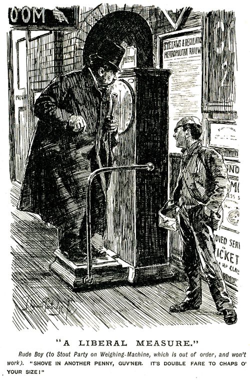 Boy making rude remark to a stout man on a broken weighing machine