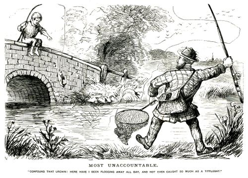 Unsuccessful fisher getting frustrated at a boy who has a catch