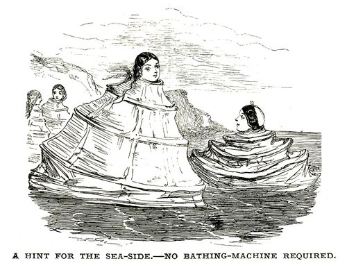 Ladies using thier cage crinolines as bathing machines