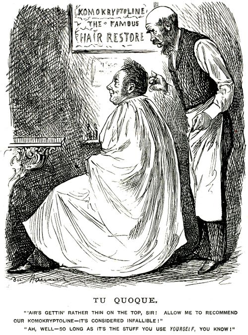 Bald hairdresser recomending hair restoring lotion