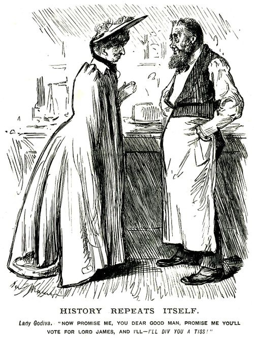 Woman offering to kiss a man if he votes for Lord James