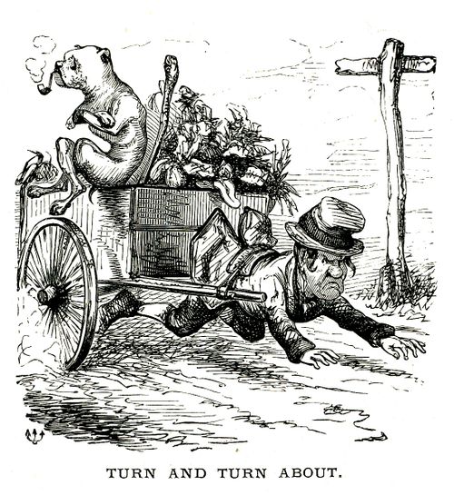 Man pulling caart whilst his dog smokes a pipe