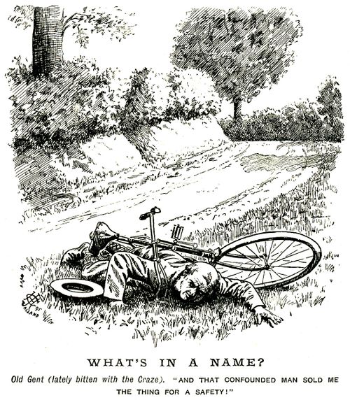 Man who has crashed his safety bicycle