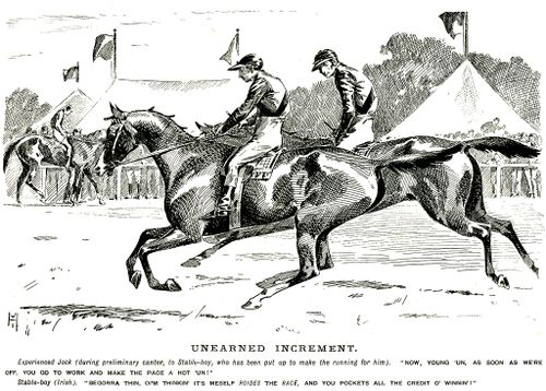 Jockey giving instructions to indignant stable boy