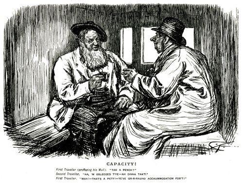 A man offering snuff to a fellow passenger with a big nose
