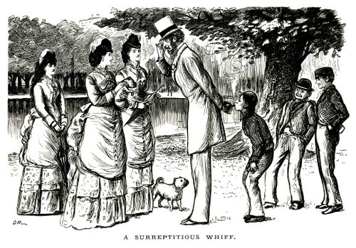 A boy stealing a puff of cigar from behind a gentleman's back