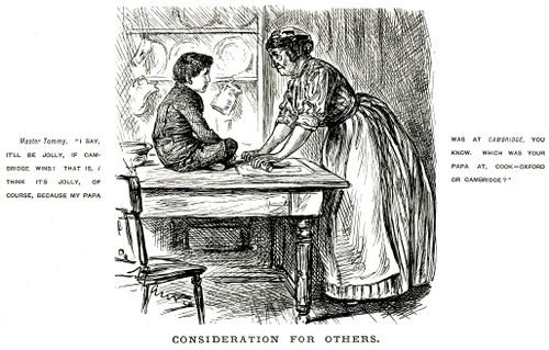 Boy asking a servent whether her father went to oxford or cambridge