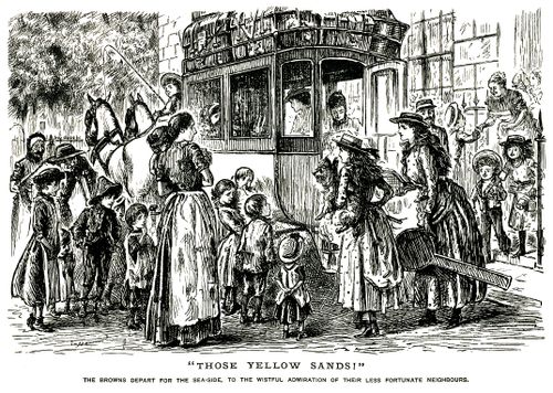 A family departing for a seaside holiday whilst neighbours look on