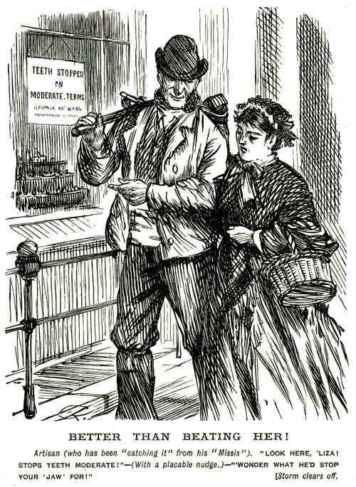Working class couple walking past a dentist
