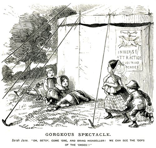 Children watching a horse show from under the tent
