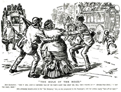 Potential passenger being fought over by rival bus conductors