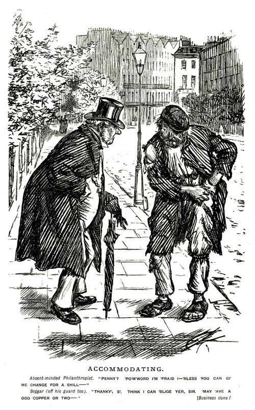 Beggar gives a man change for a shilling