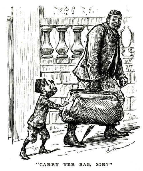 Small boy offering to carry a large bag