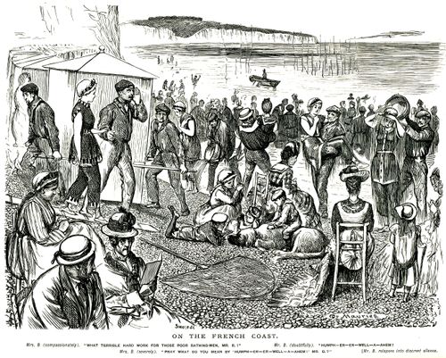 Bathing-men attend to women on the french coast