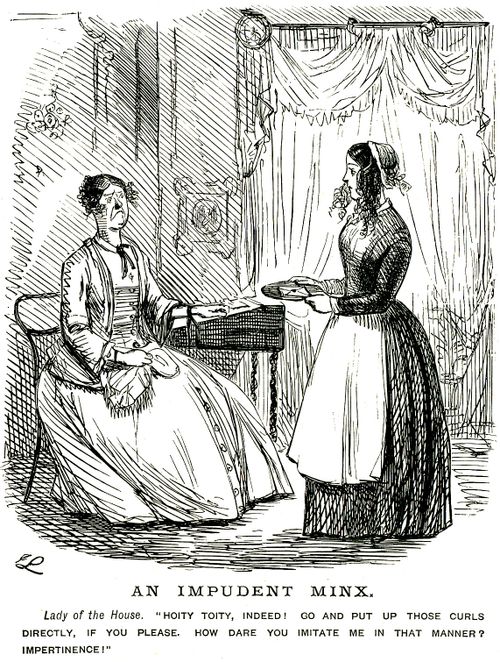 Servant girl being told off for wearing her hair down in curls
