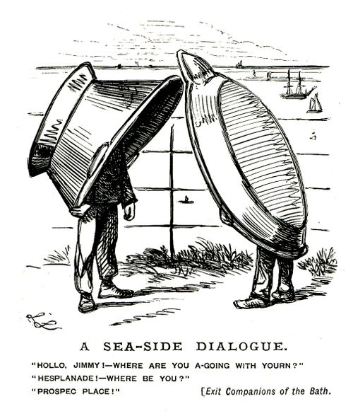 Two boys carrying bathing tubs