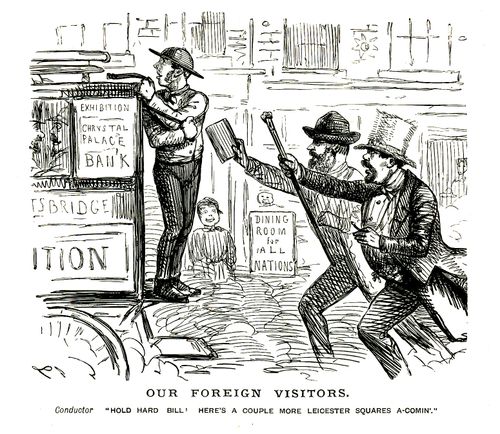 Foreign visitors running to catch a bus to the Great Exhibition