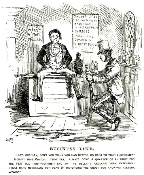 Wine merchant convincing his customer that he has an extensive cellar