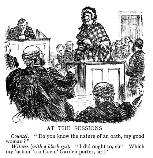 Working class woman with a black eye in the witness box