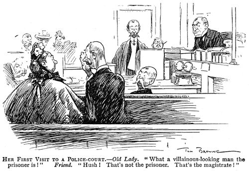 Old lady mistaking tha magistrate for the prisoner