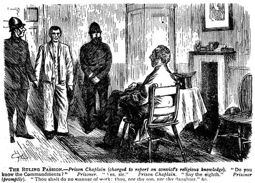 Prison chaplain asking a prisoner what the eighth commandment is