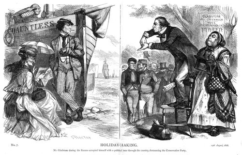 Gladstone on a political tour denouncing the Conservative Party