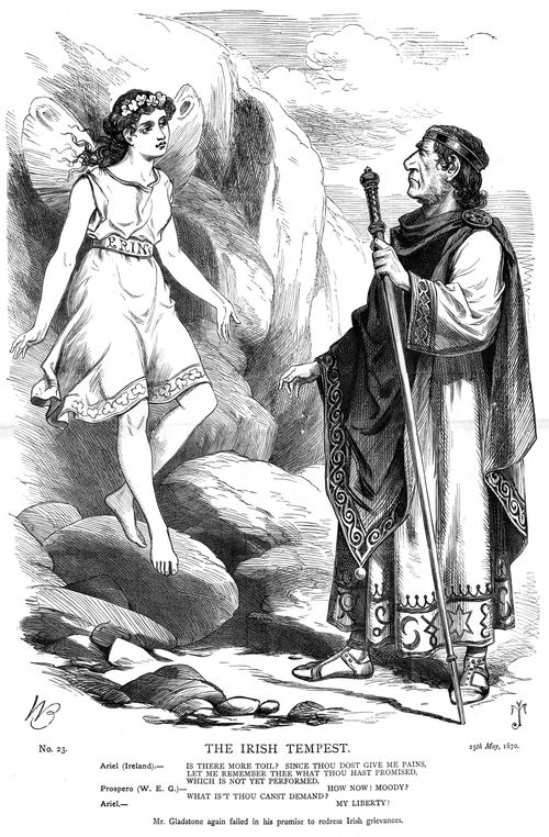 Ariel (Ireland) asking Prospero (Gladstone) for her freedom