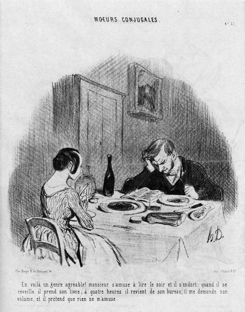 Married Life - Husband paying his wife no attention at the dinner table