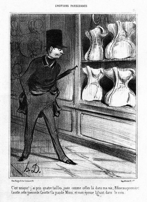 Man noticing corsets in a window are shaped like four waists he has embraced