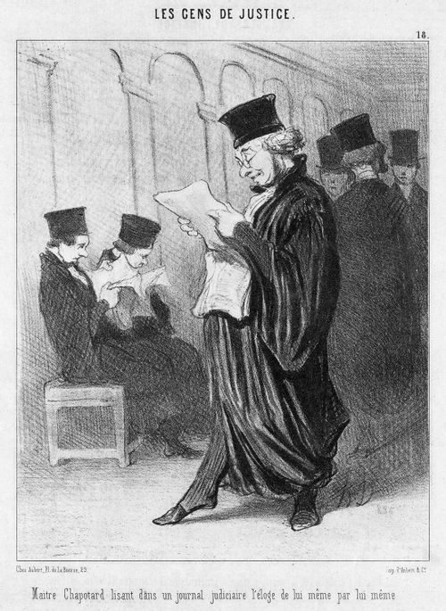 Lawyers - Counsel Chapotard reading in a Law Journal an article by himself praising himself