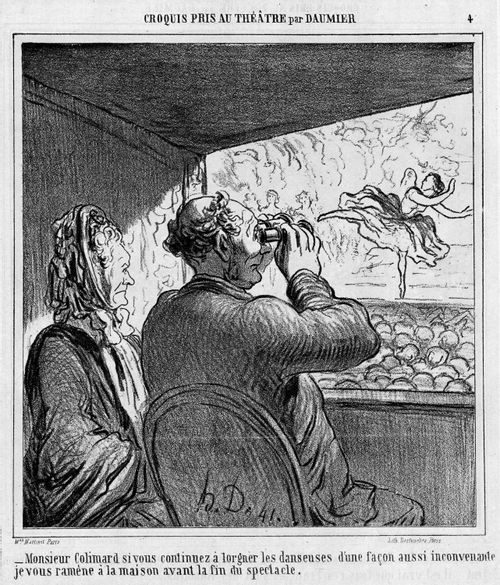Theatre Sketches by Daummier - 'Mr. Colimard, if you continue to look at these dancers with your glasses in such an unseemly way, i shall take you home before the show is over'