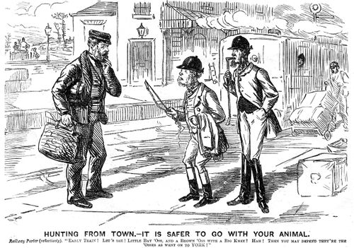 Huntsmen who have lost their horses when travelling train
