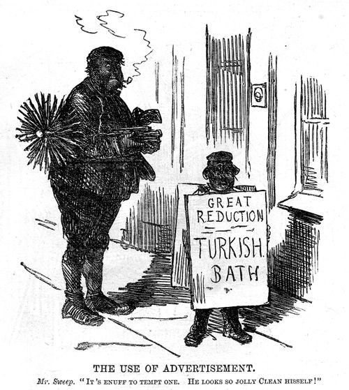 Chimney sweep sees an advertisement for a Turkish bath