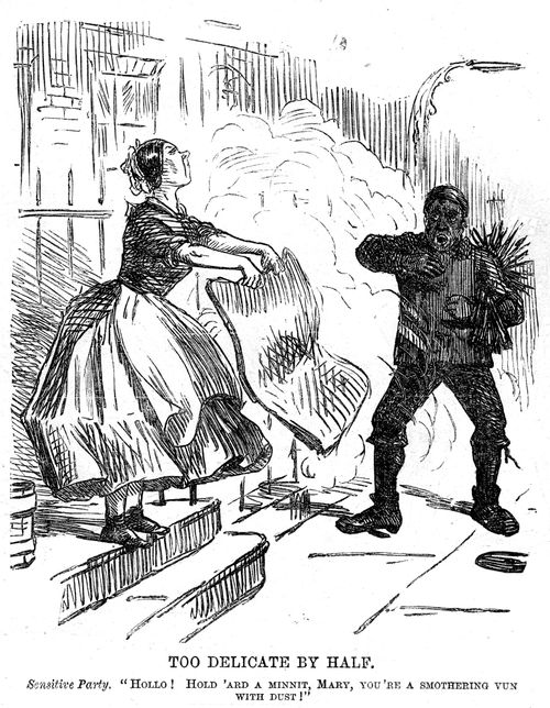 Chimney sweep complaining about getting covered in dust