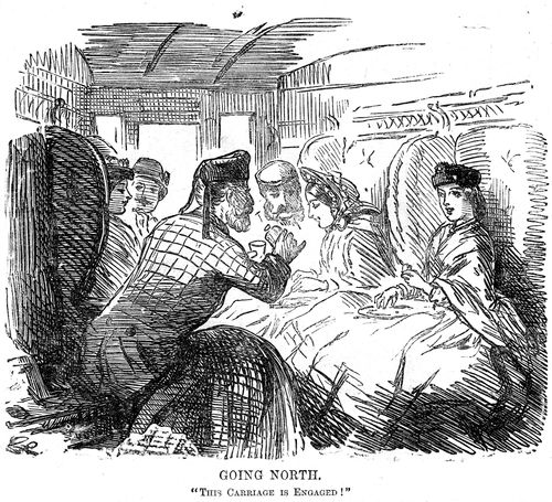 Young men and young ladies in a train carriage