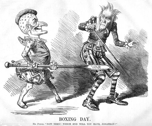 Mr. Punch offering Uncle Sam war or peace