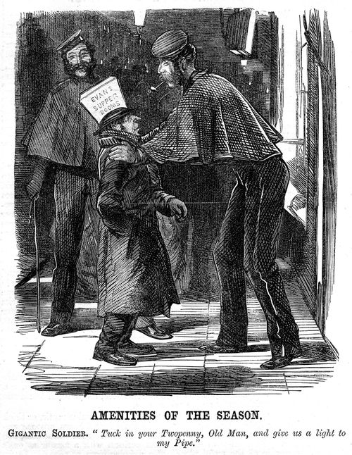 Tall soldier asking a short man with a lamp on his head to light his pipe