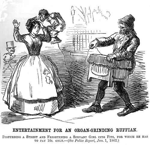 Organ grinder setting his monkey on a servant girl