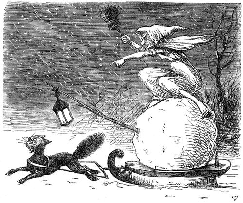 Woman riding a sleigh pulled by a black cat
