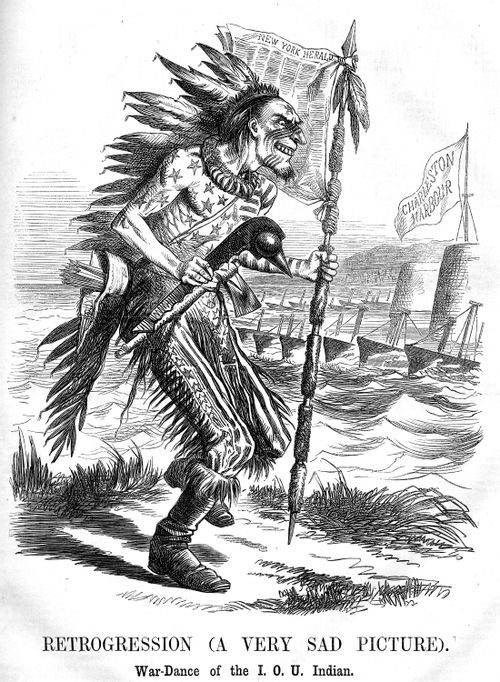 Uncle Sam as an Indian performing a war-dance outside the blockaded Charlestown Harbour 