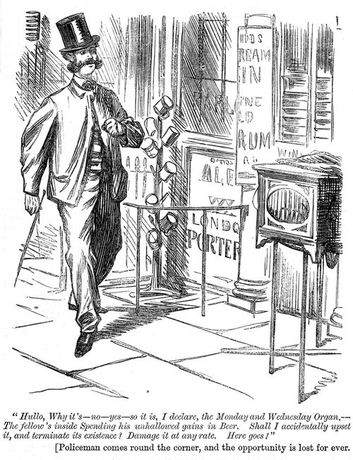 Man contemplates breaking an organ grinder's instrument whilst he is drinking