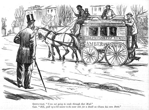 Gentleman not wishing to get his boots muddy is teased by a bus conductor