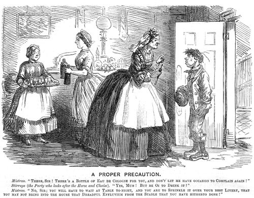 Mistress gives stable boy perfume to stop him smelling