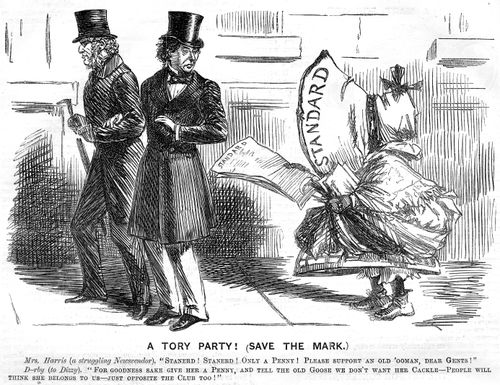 Disraeli and the Earl of Derby are troubled by a newspaper vendor