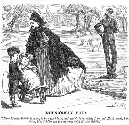 Lady in park with children, about to speak to a soldier
